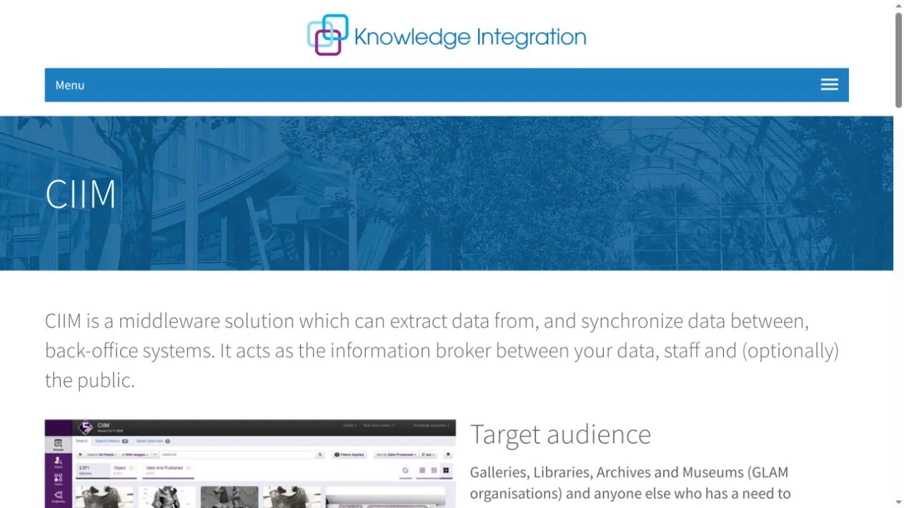 K-Int's CIIM product page describing integration between back-office systems for galleries, libraries, archives and museums.