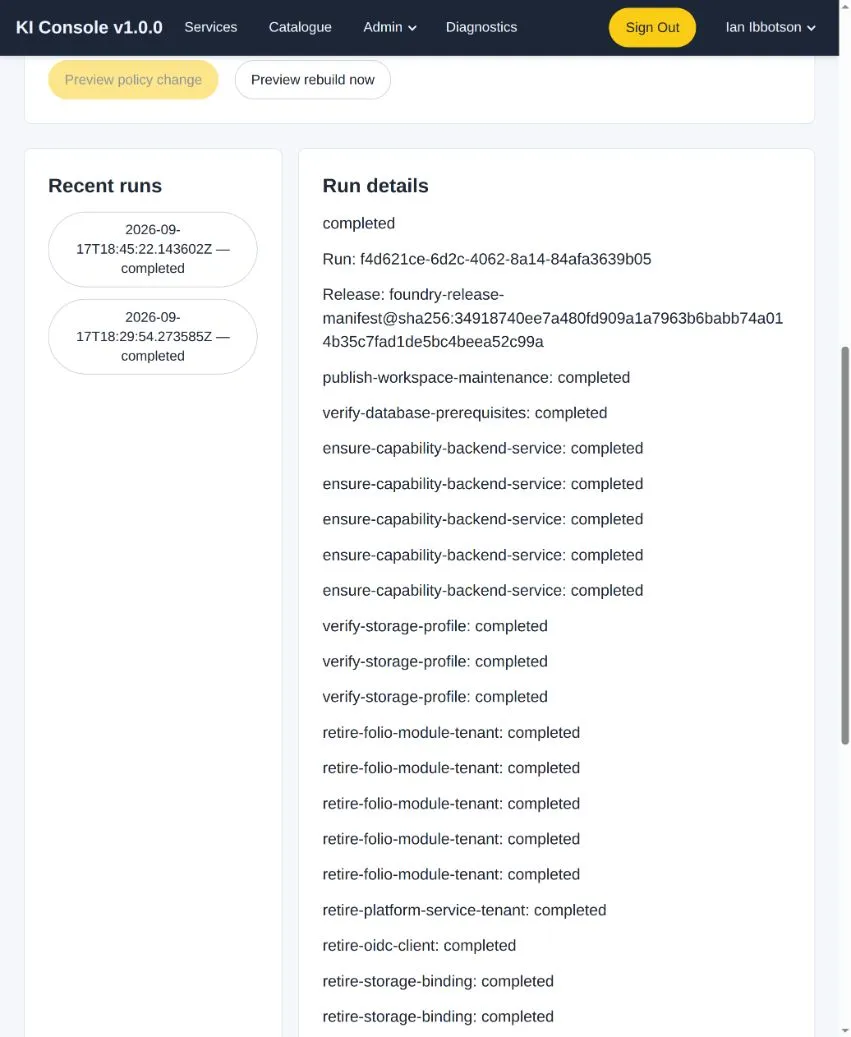 Console run history showing completed manual and scheduled Snapshot rebuilds, with the selected run's exact release and completed steps.