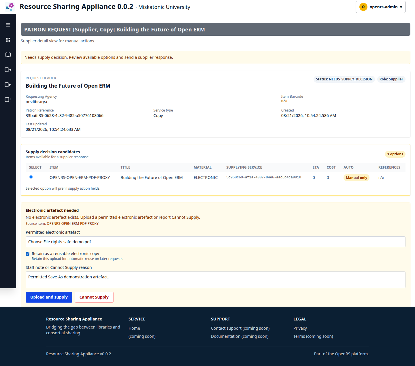 Supplier upload screen with the retained reusable electronic copy option selected.
