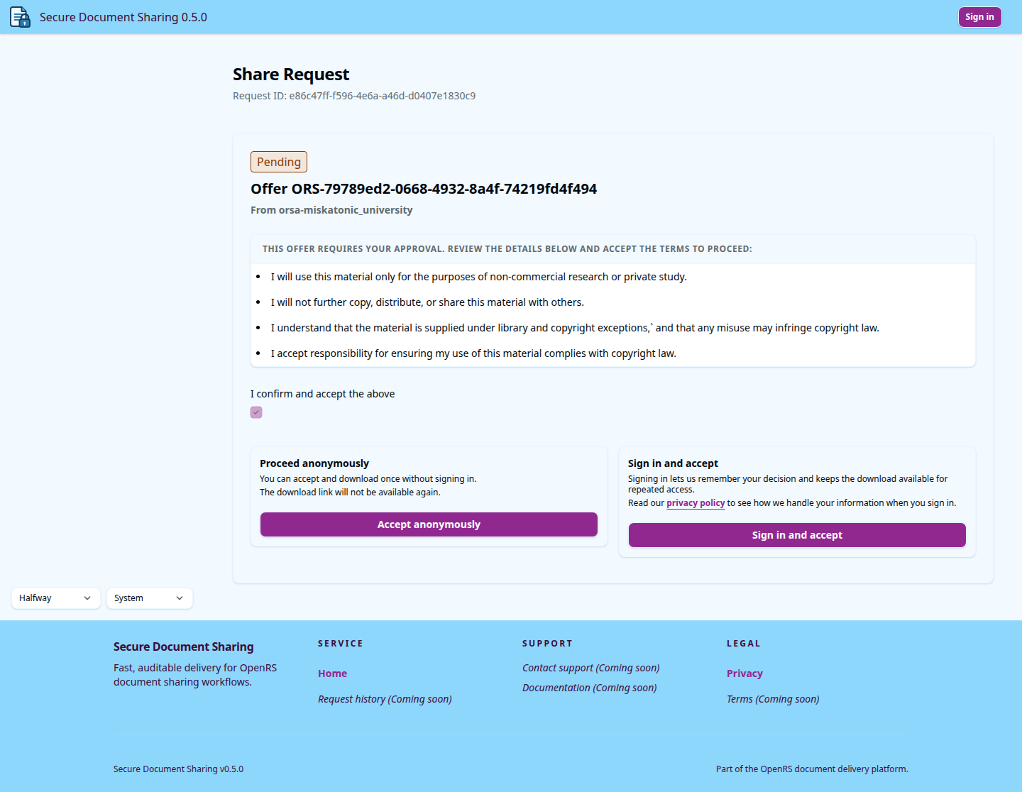DocDel patron page showing the checked attestation and acceptance choices.