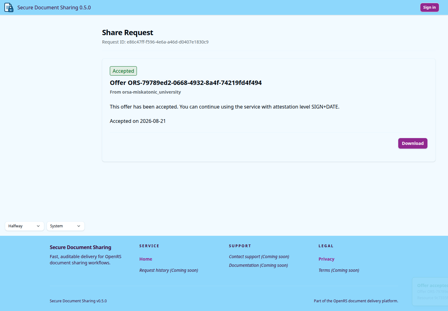 DocDel accepted offer showing the acceptance date and download action.