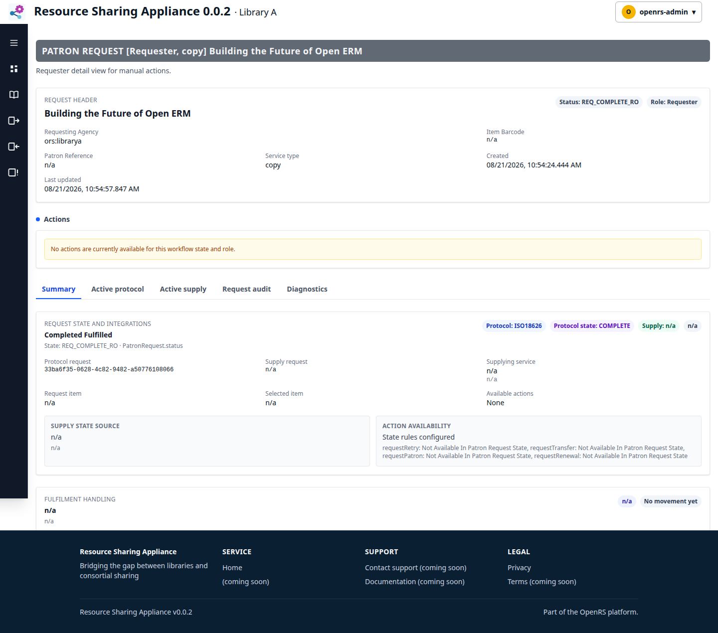 Requester detail showing Building the Future of Open ERM completed fulfilled with no available actions.