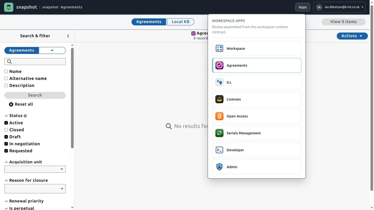 The Foundry Snapshot workspace with the app menu open, showing Agreements, ILL, Licenses, Open Access and Serials Management.