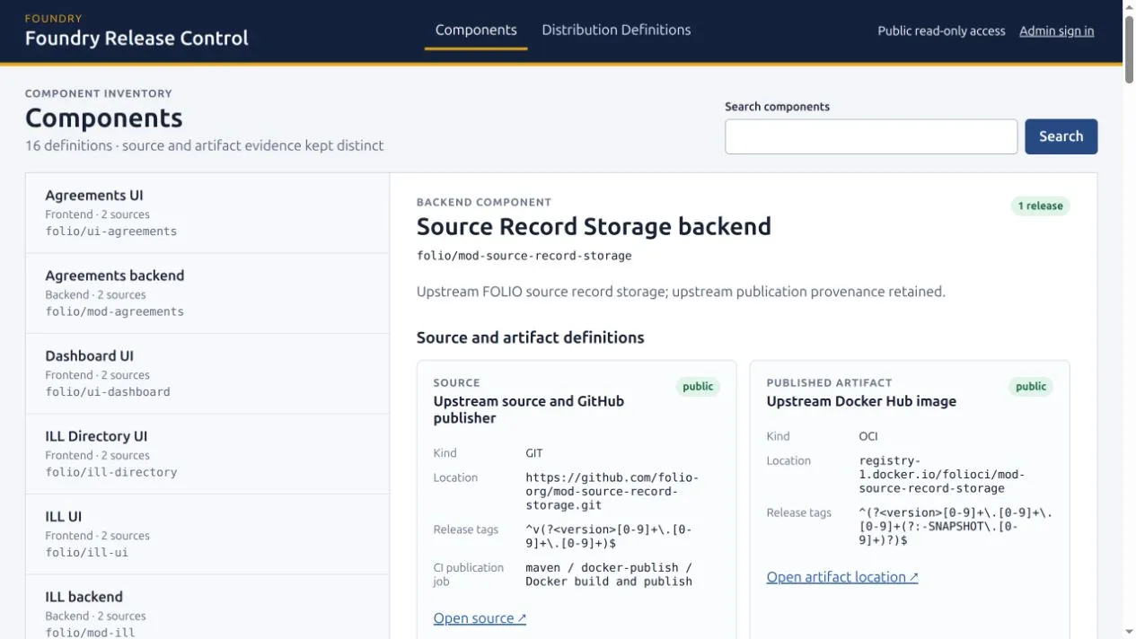 Source Record Storage in Foundry Release Control, showing the upstream FOLIO GitHub source and Docker Hub image as separate publication evidence.