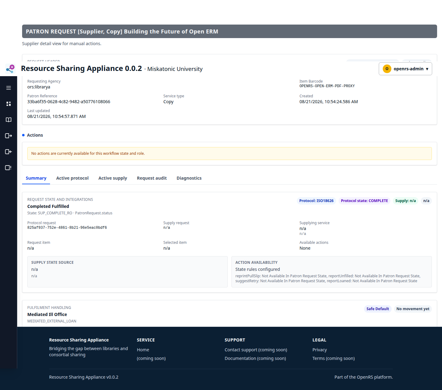 Supplier detail showing completed fulfilled and no available actions after upload.