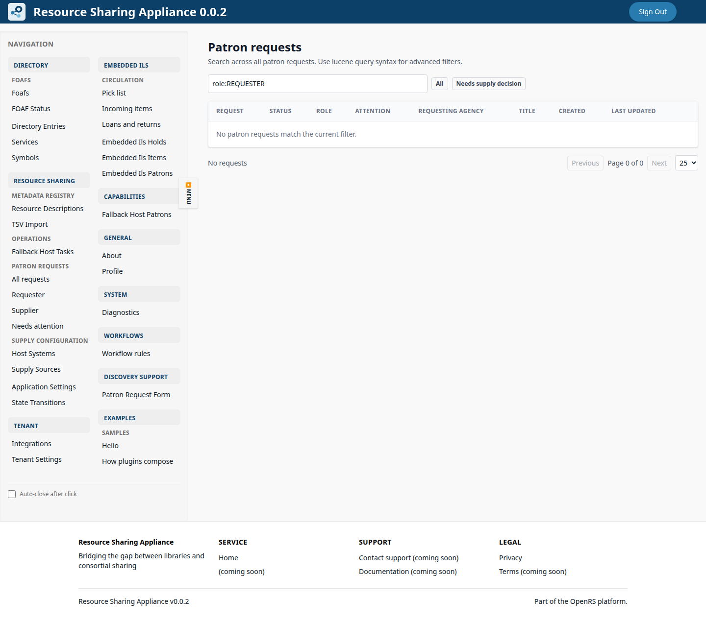 Unseen University ORS-Appliance requester queue filtered to requester requests with no matching rows.